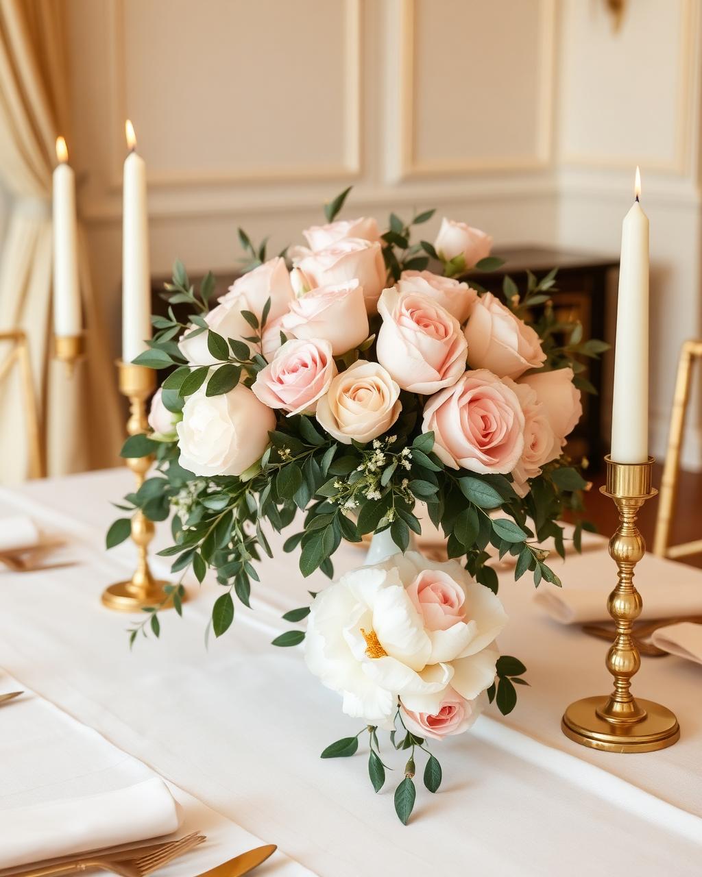 Blush rose centerpiece with gold candlesticks
