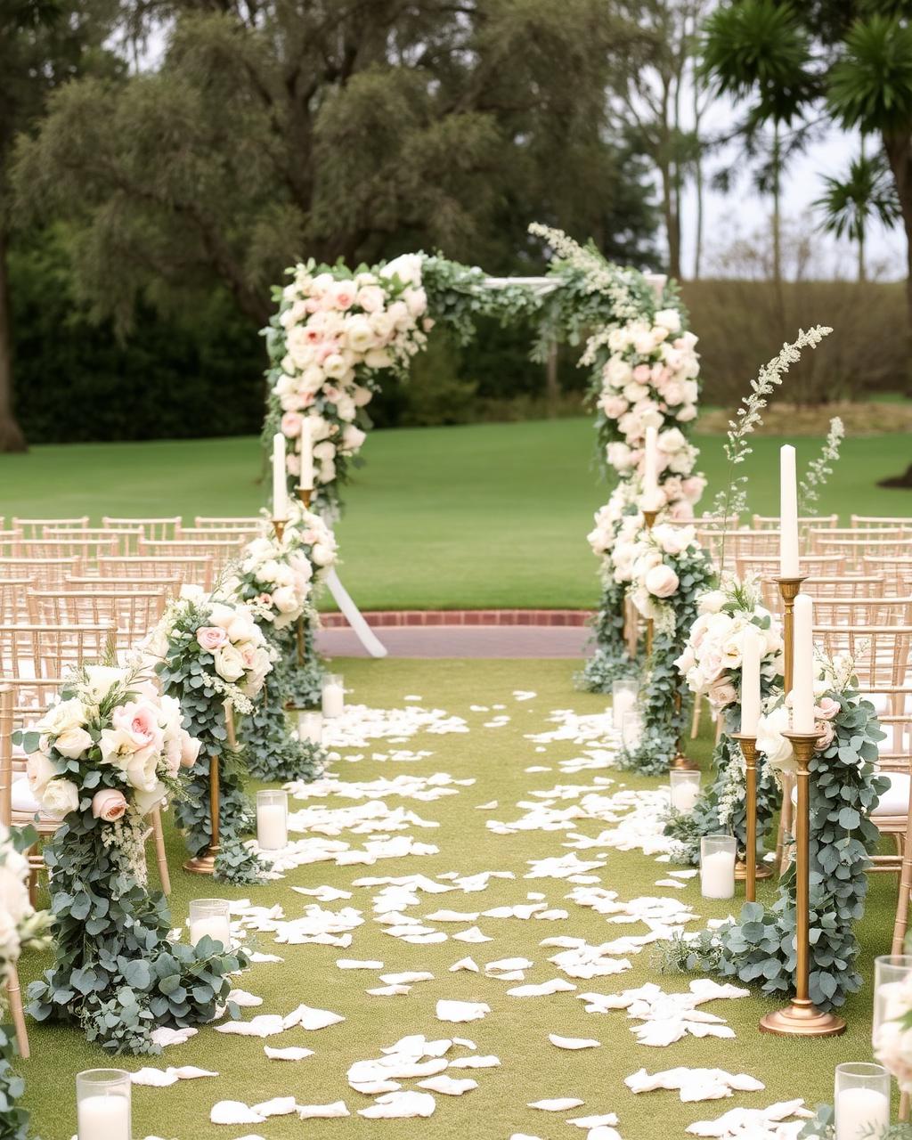 Outdoor wedding ceremony floral arch